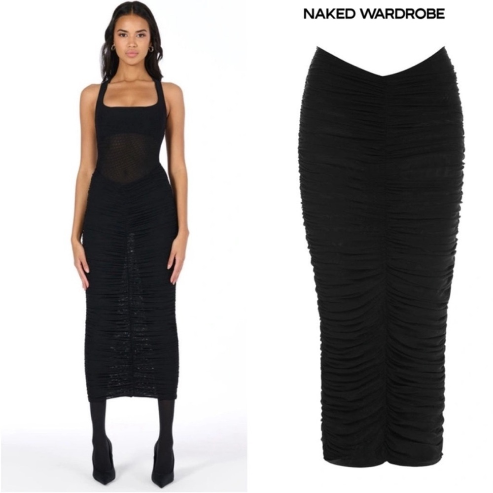 Naked Wardrobe Elegant Black Ruched Midi Hourglass Skirt. Size XS